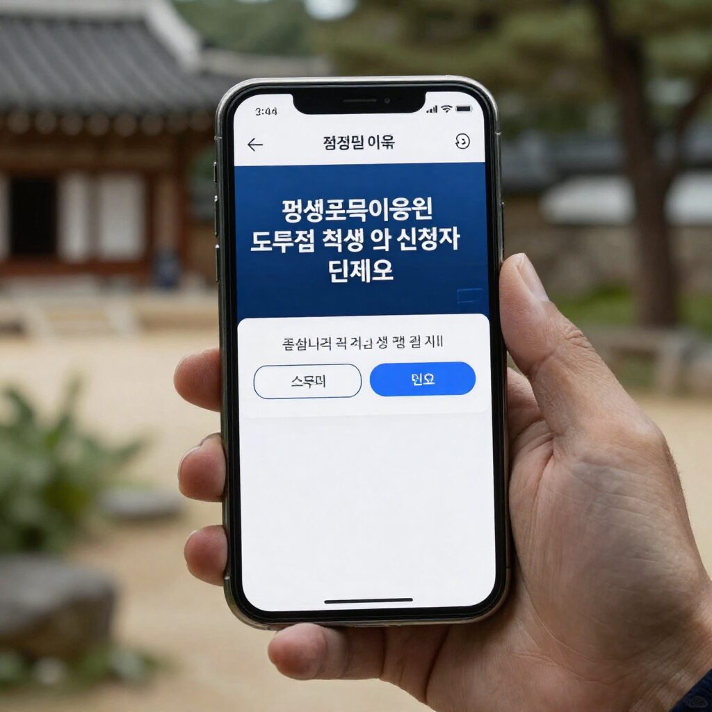 스마트폰 화면에 표시된 평생교육이용권 누리접 접속 및 신청 단계 화면