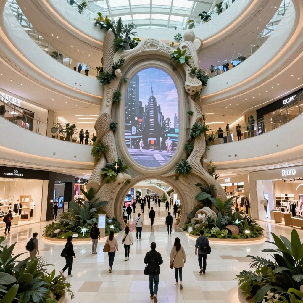 롯데월드몰의 넓은 실내 중앙 광장과 쇼핑객