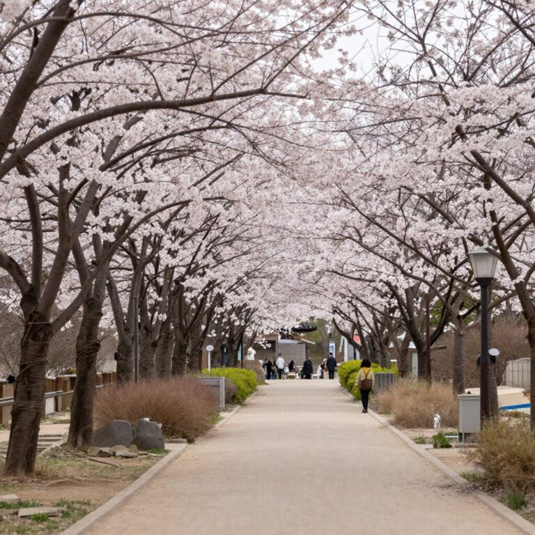 봄날 목련꽃이 피어 있는 공원 길