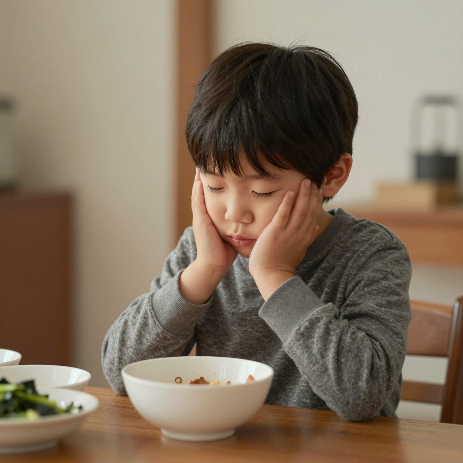 감기에 지친 아이가 밥을 먹다가 졸고 있는 모습