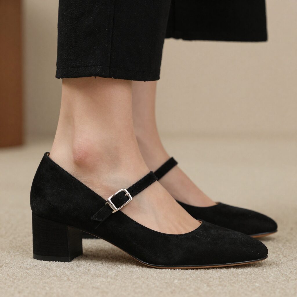 블랙 색상의 미들힐 메리제인 펌프스 옆모습