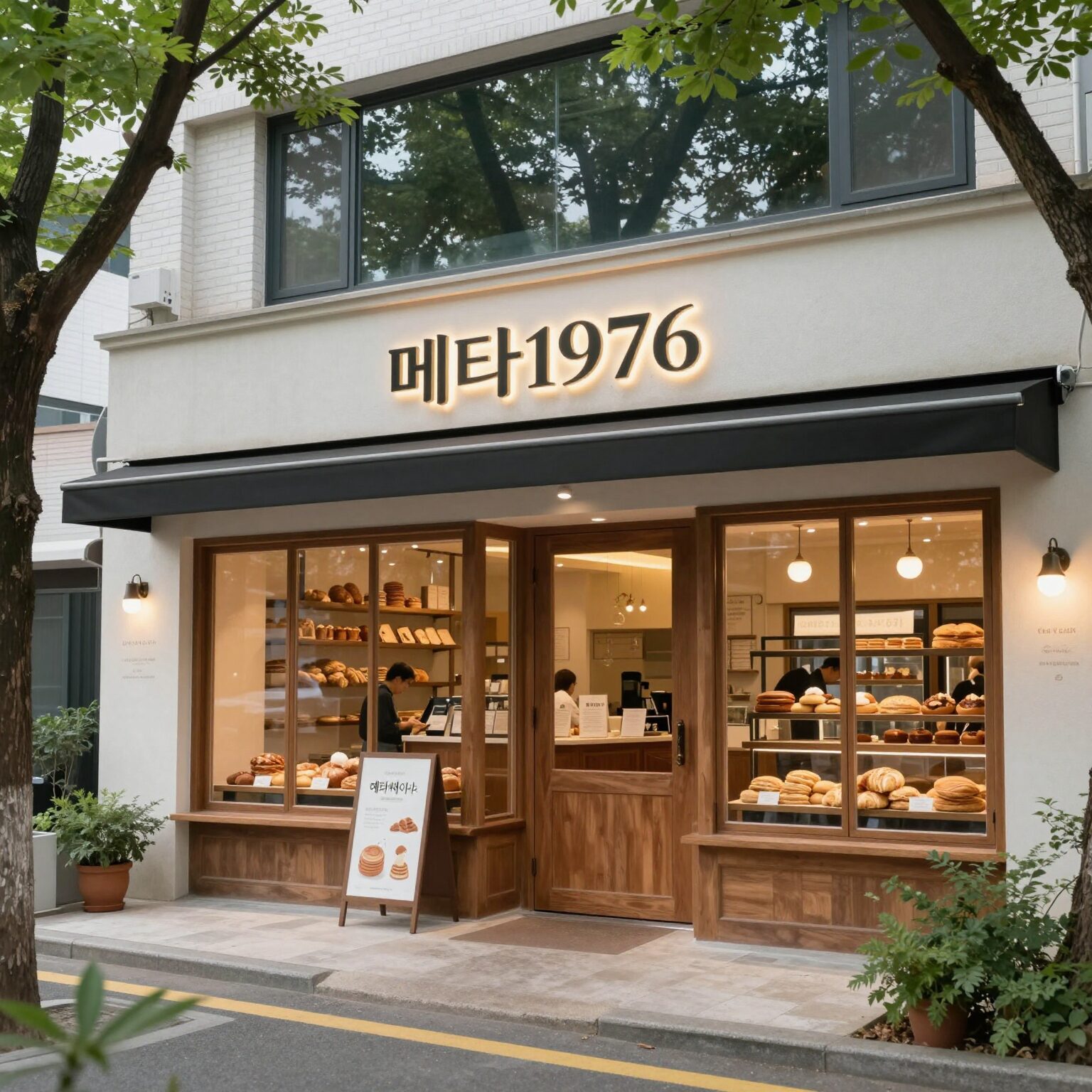 김천 연화지 근처 대형 베이커리 카페 메타1976 외관과 메타세콰이어 가로수 길