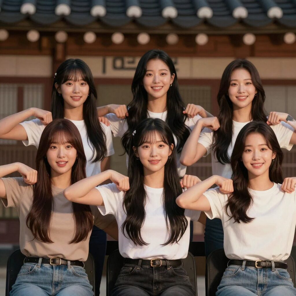 미스트롯4 결승 TOP5 참가자들이 함께 어깨동무를 하며 환하게 웃고 있는 단체 사진