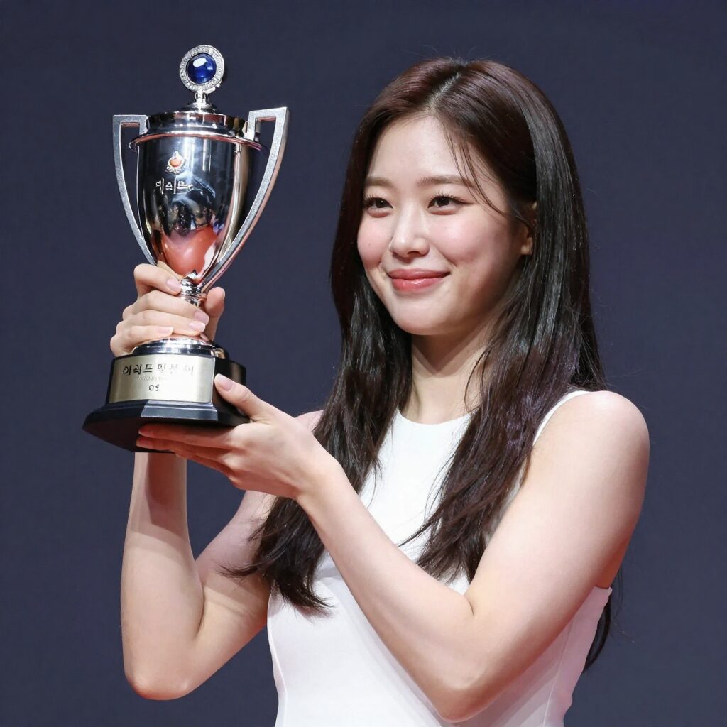 미스트롯4 우승자 이소나가 트로피를 들어 올리며 환하게 웃고 있는 모습