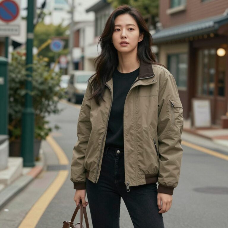 미쏘 라이더자켓을 입은 여성이 거리에서 캐주얼하게 포즈를 취하고 있다