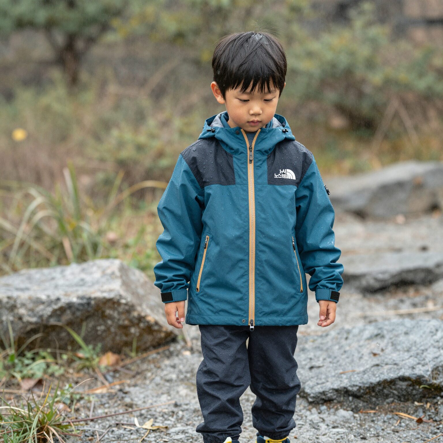 노스페이스 키즈 시티 칠러 자켓을 입은 아이가 물방울이 맺히는 모습을 보여줌