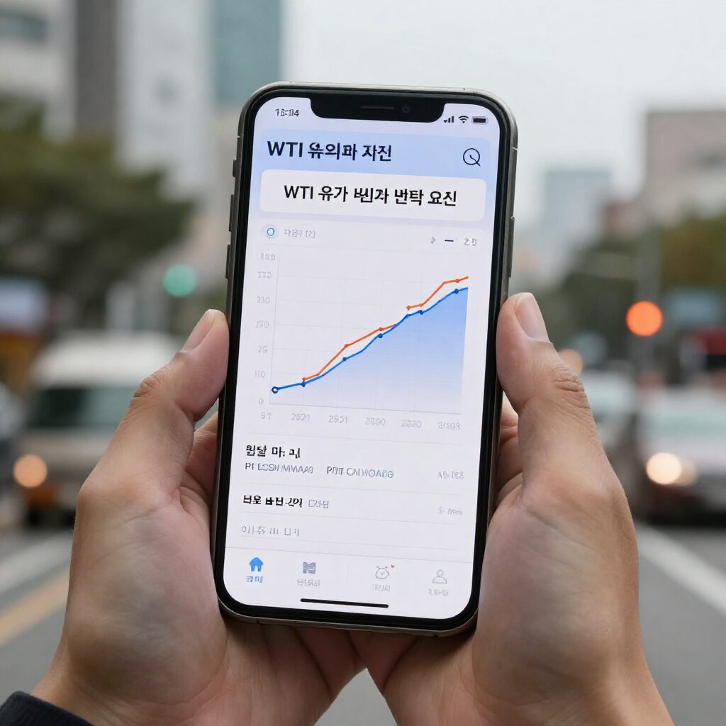 스마트폰 화면에서 WTI 유가 실시간 차트와 변동 요인을 보여주는 이미지