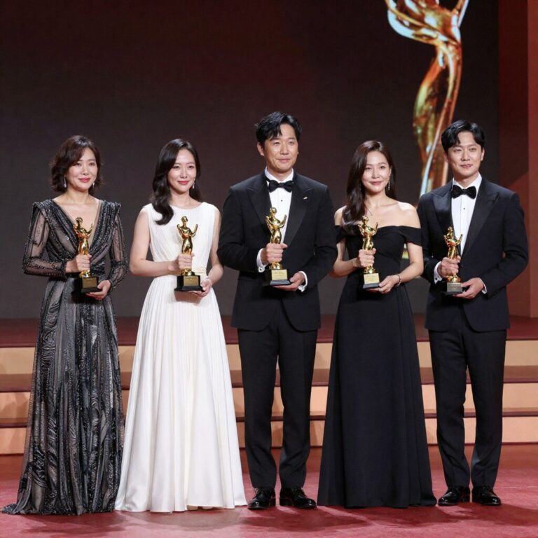 2026년 아카데미 시상식 수상자들이 황금 트로피를 들고 무대에 서 있는 모습