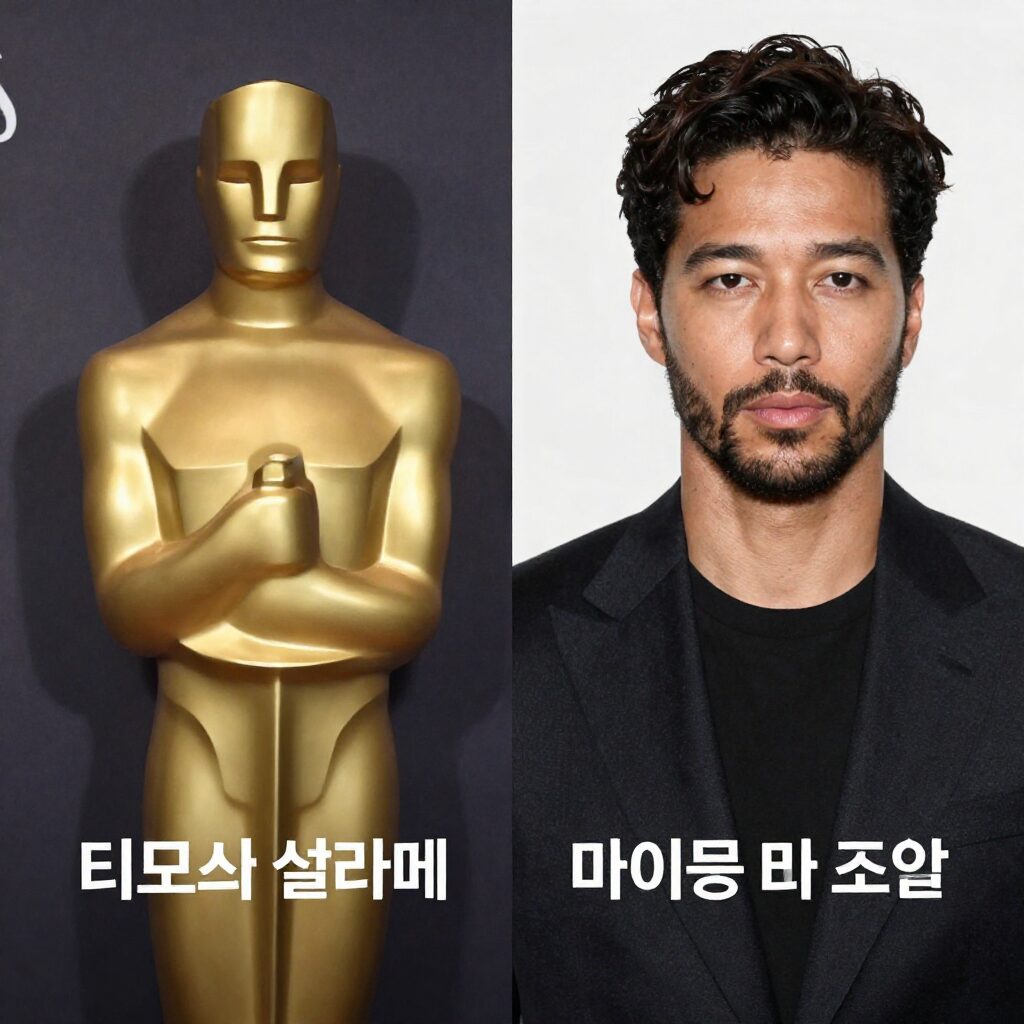 오스카 남우주연상 후보 티모시 샬라메와 마이클 B 조던의 스틸 컷 비교
