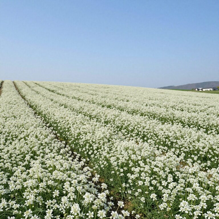 만개한 하얀 배꽃이 핀 넓은 배 농장 풍경, 푸른 하늘과 어우러져 봄날의 청량함을 느낄 수 있음