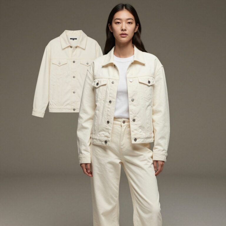 아이보리 컬러의 여성 데님 자켓과 팬츠 셋업 코디