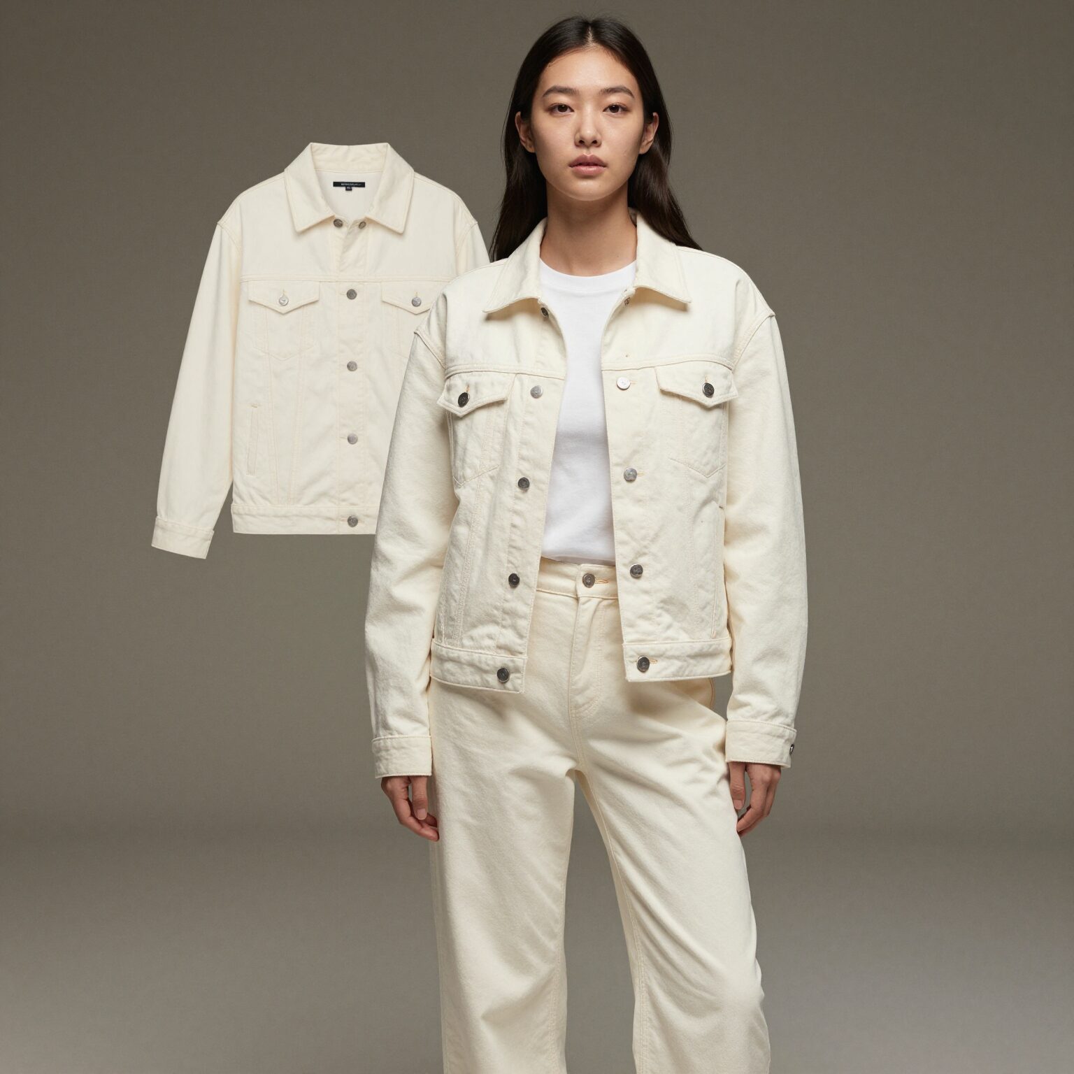 아이보리 컬러의 여성 데님 자켓과 팬츠 셋업 코디