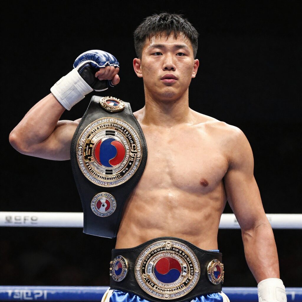 로드FC 헤비급 챔피언 김태인이 챔피언 벨트를 들고 포즈를 취하고 있다