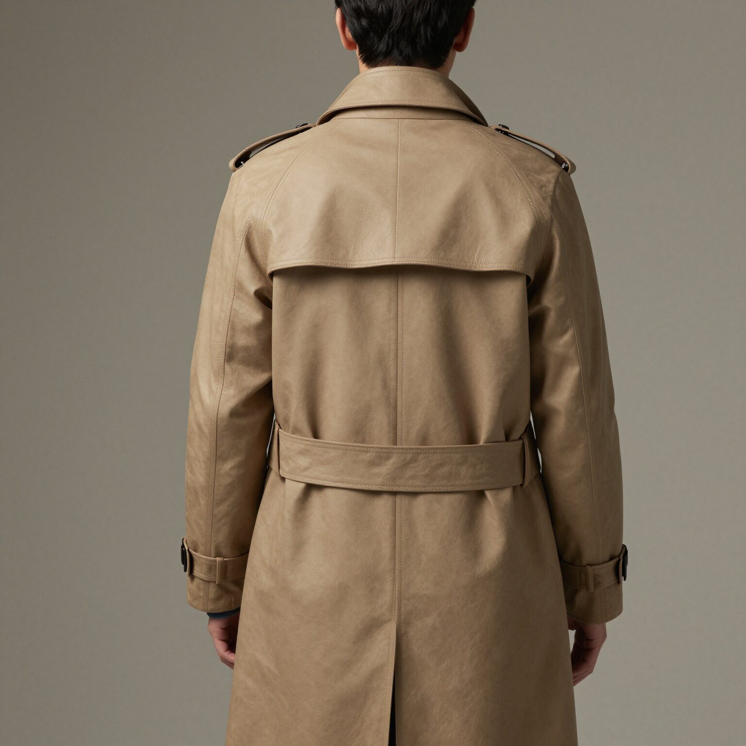 베지터블 가죽 싱글 트렌치코트를 입은 사람의 뒷모습과 옆모습