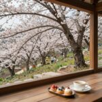 로프베이커리 테라스와 산옥매 나무가 보이는 봄날 풍경