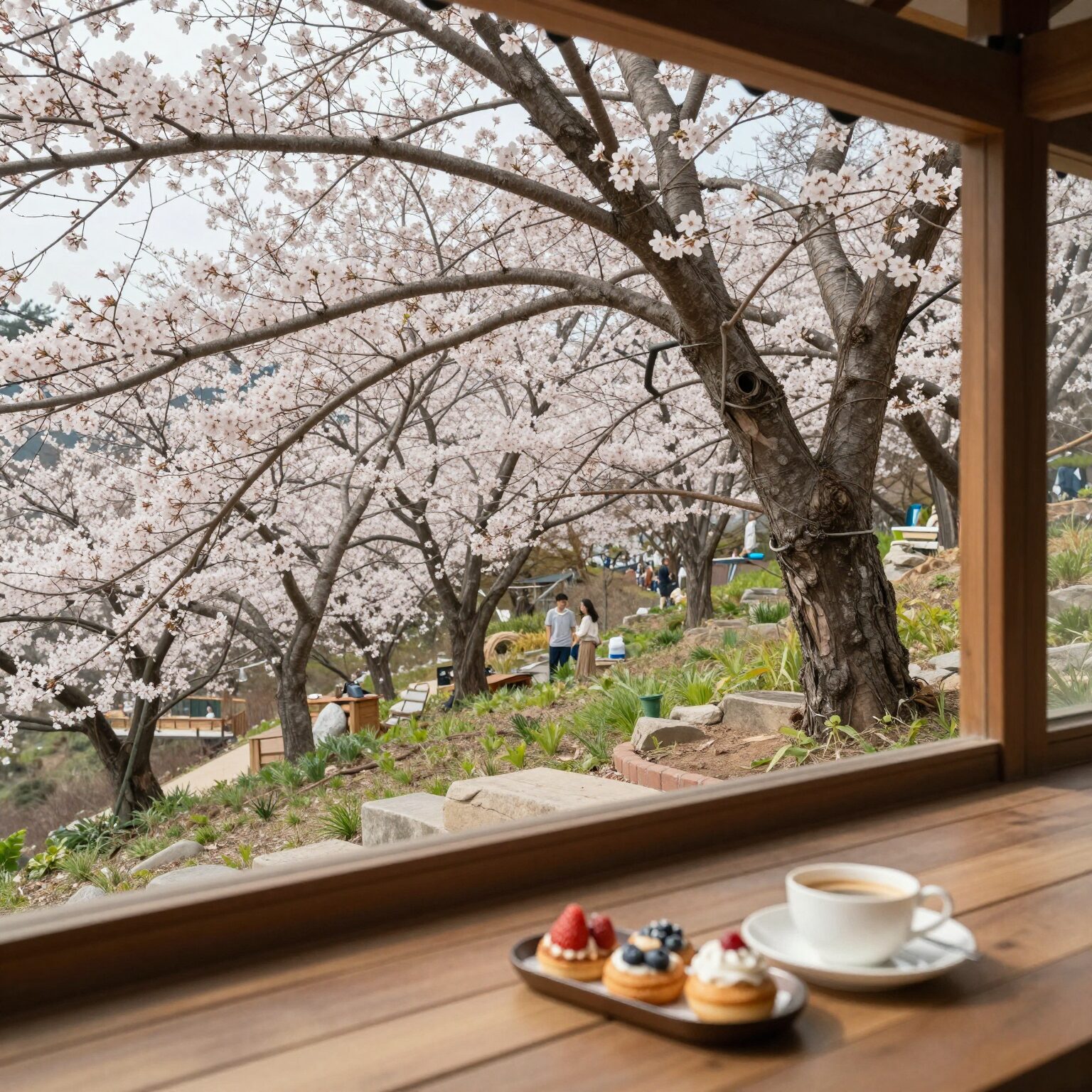 로프베이커리 테라스와 산옥매 나무가 보이는 봄날 풍경