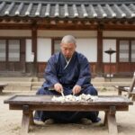 선재 스님이 전통 장독대 앞에서 장을 살피고 계신 모습