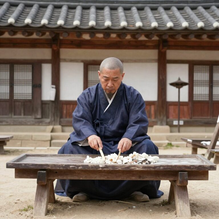 선재 스님이 전통 장독대 앞에서 장을 살피고 계신 모습