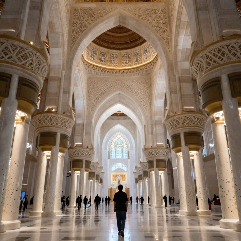 아부다비 셰이크 자이드 그랜드 모스크의 웅장한 모습과 화려한 내부 장식