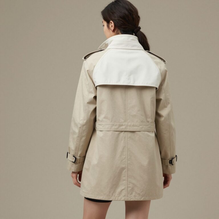 베이지색 숏 트렌치코트를 입고 화이트 빅백을 매치한 여성의 뒷모습 스타일링