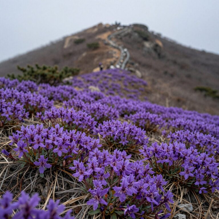 소백산 정상 초원에 핀 보랏빛 일월비비추 군락