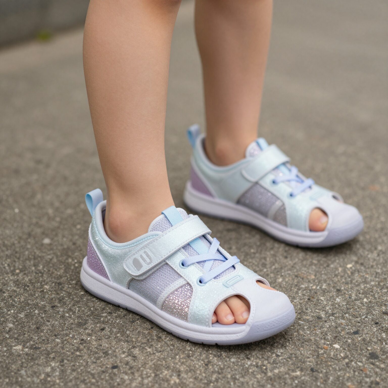오로라퍼플 색상의 반짝이는 여아 슬립온 운동화를 신은 모습