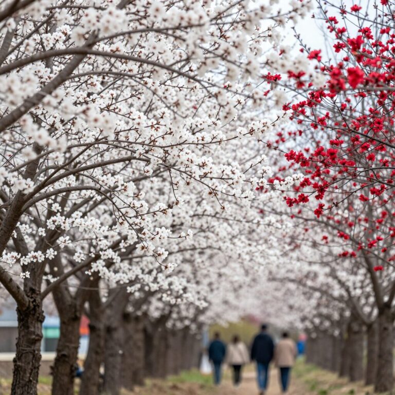 부산 기장 반짝반짝 매화원에 핀 하얀 매화와 붉은 매화가 어우러진 봄 풍경 사진
