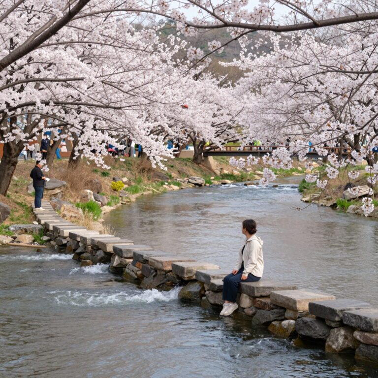 의암호 출렁다리 사이로248에서 바라본 봄의 공지천과 벚꽃 풍경