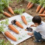 아이가 색칠한 당근 농장 도안, 두더지와 당근이 움직이는 장치가 있는 창의적인 미술 작품