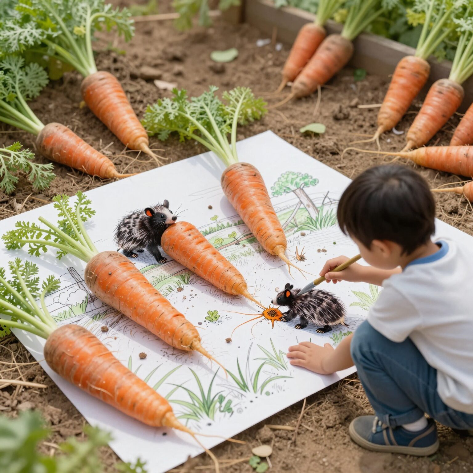 아이가 색칠한 당근 농장 도안, 두더지와 당근이 움직이는 장치가 있는 창의적인 미술 작품