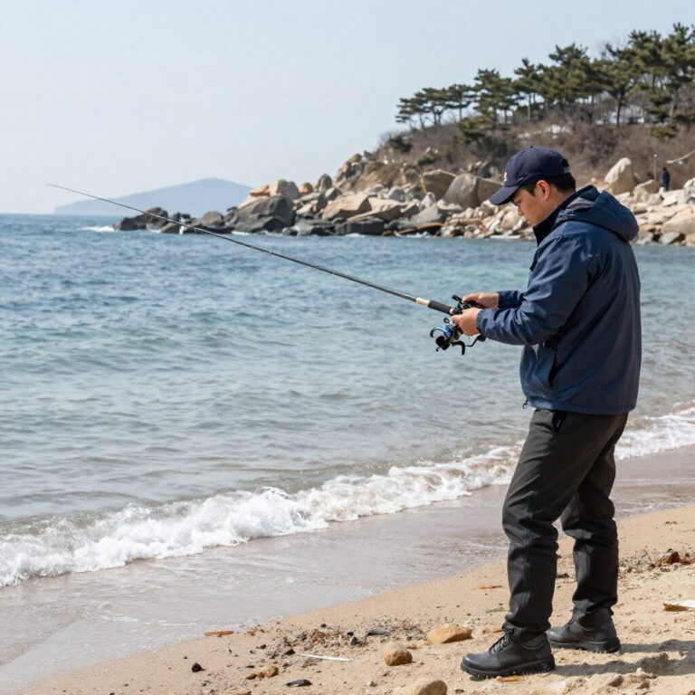 부산 송정 해변에서 봄도다리 원투 낚시하는 모습