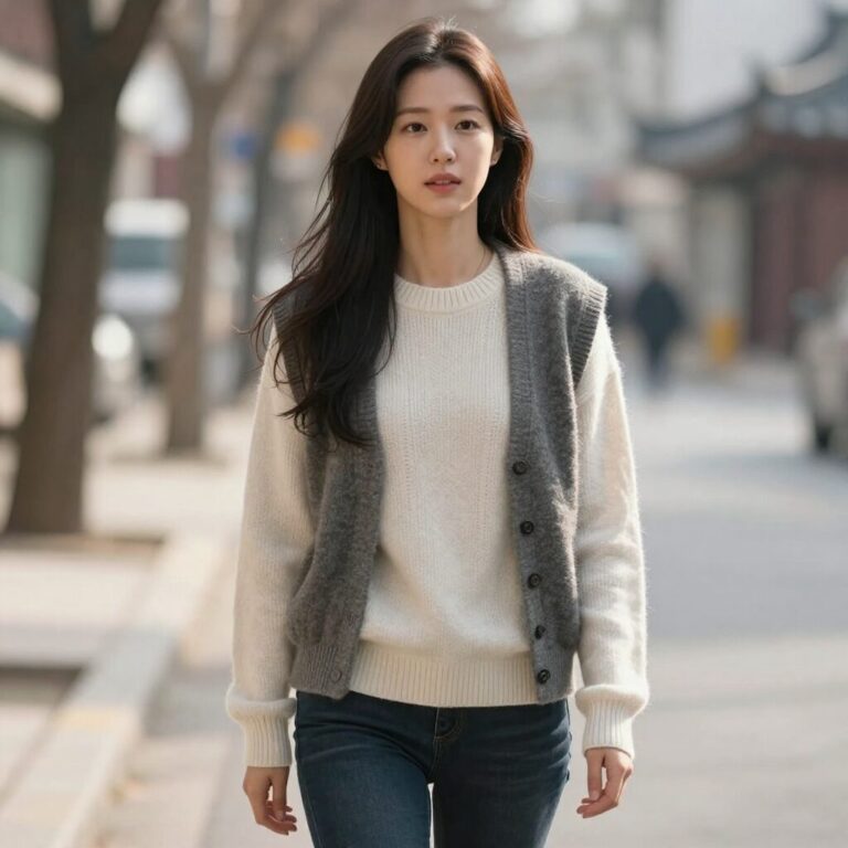 10도 날씨에 적합한 얇은 니트와 가디건을 레이어링한 여성의 코디