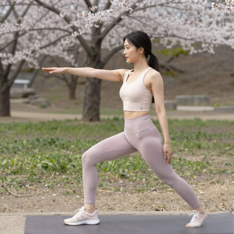 밝은 파스텔 톤의 레깅스를 입고 봄 공원에서 스트레칭하는 여성