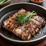 접시에 담긴 구워진 삼겹살과 신선한 미나리