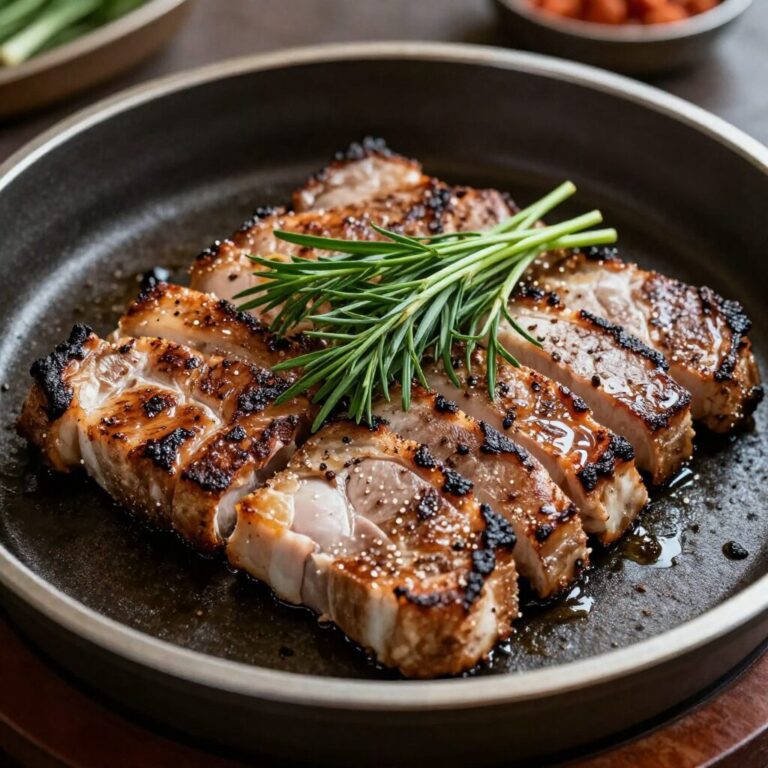 접시에 담긴 구워진 삼겹살과 신선한 미나리