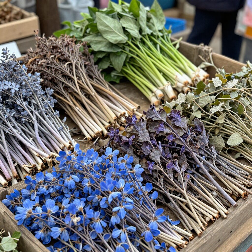 시장에 진열된 다양한 푸른 봄나물들