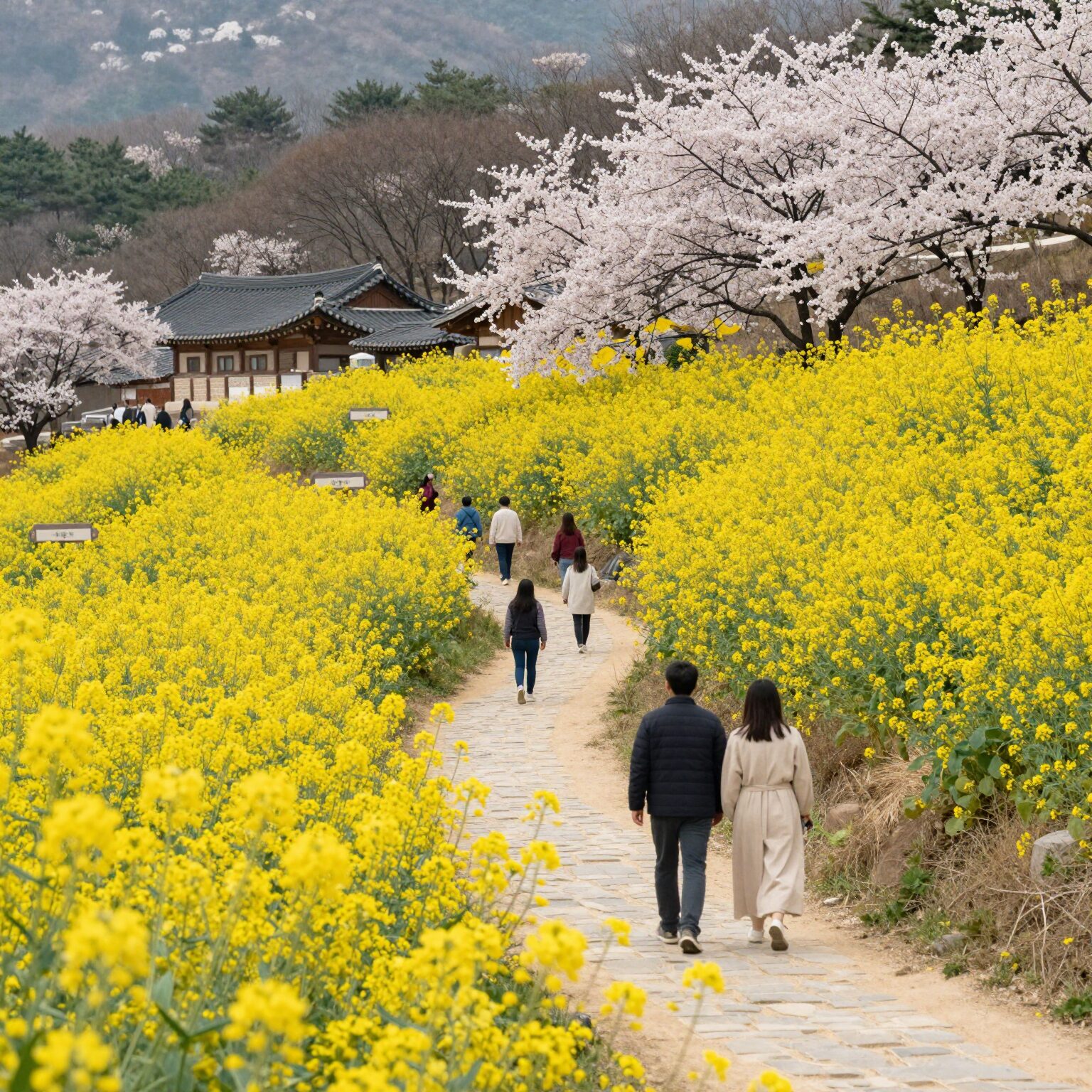 봄꽃이 만개한 산수유 마을의 노란 꽃길과 산책하는 사람들
