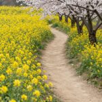 노란 유채꽃밭과 메타세쿼이아 길이 어우러진 봄 풍경