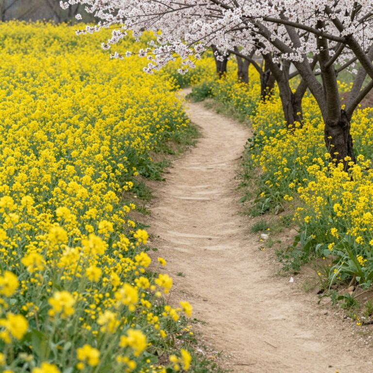 노란 유채꽃밭과 메타세쿼이아 길이 어우러진 봄 풍경