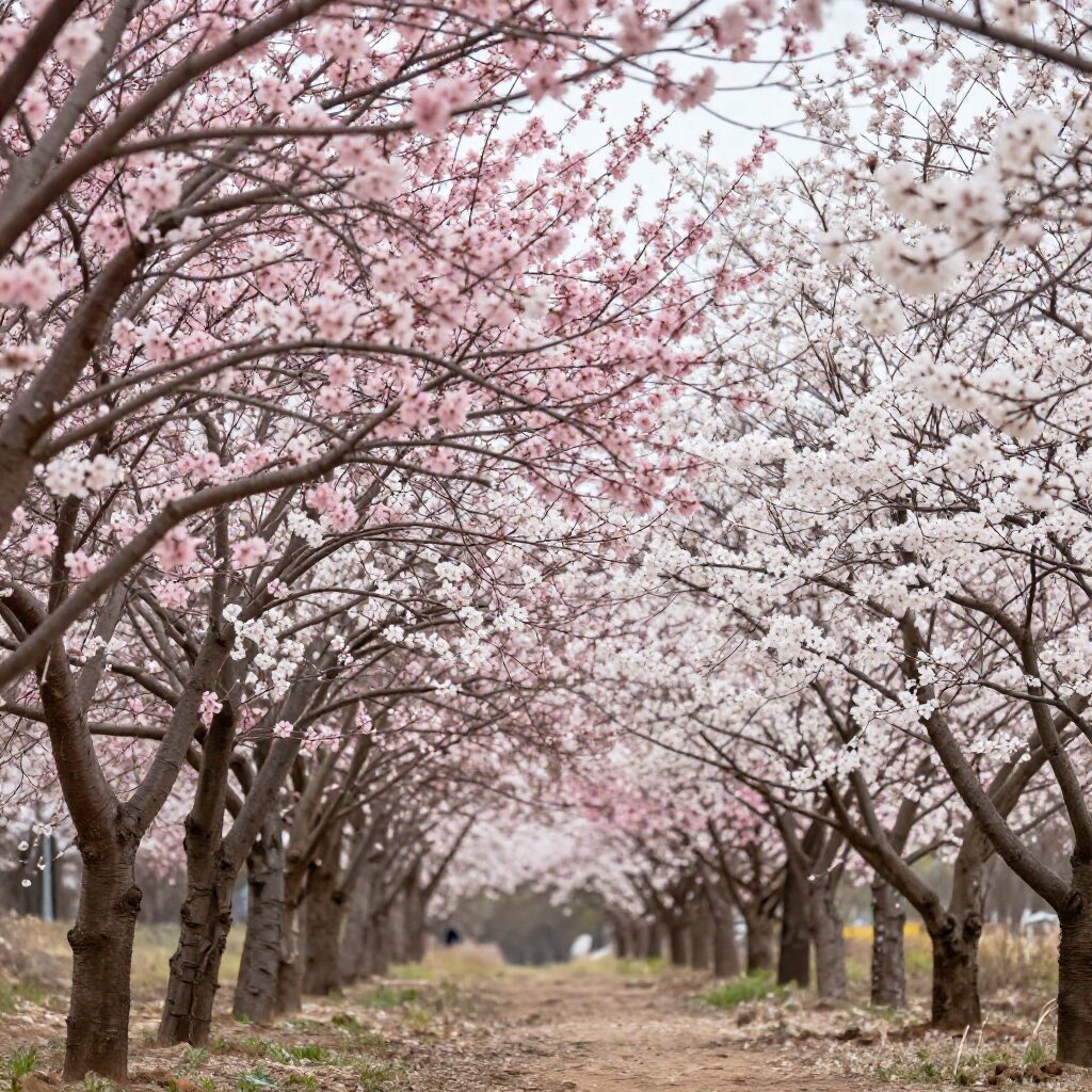 봄날 핀 분홍색과 흰색 매화꽃이 가득한 기장 매화원의 풍경