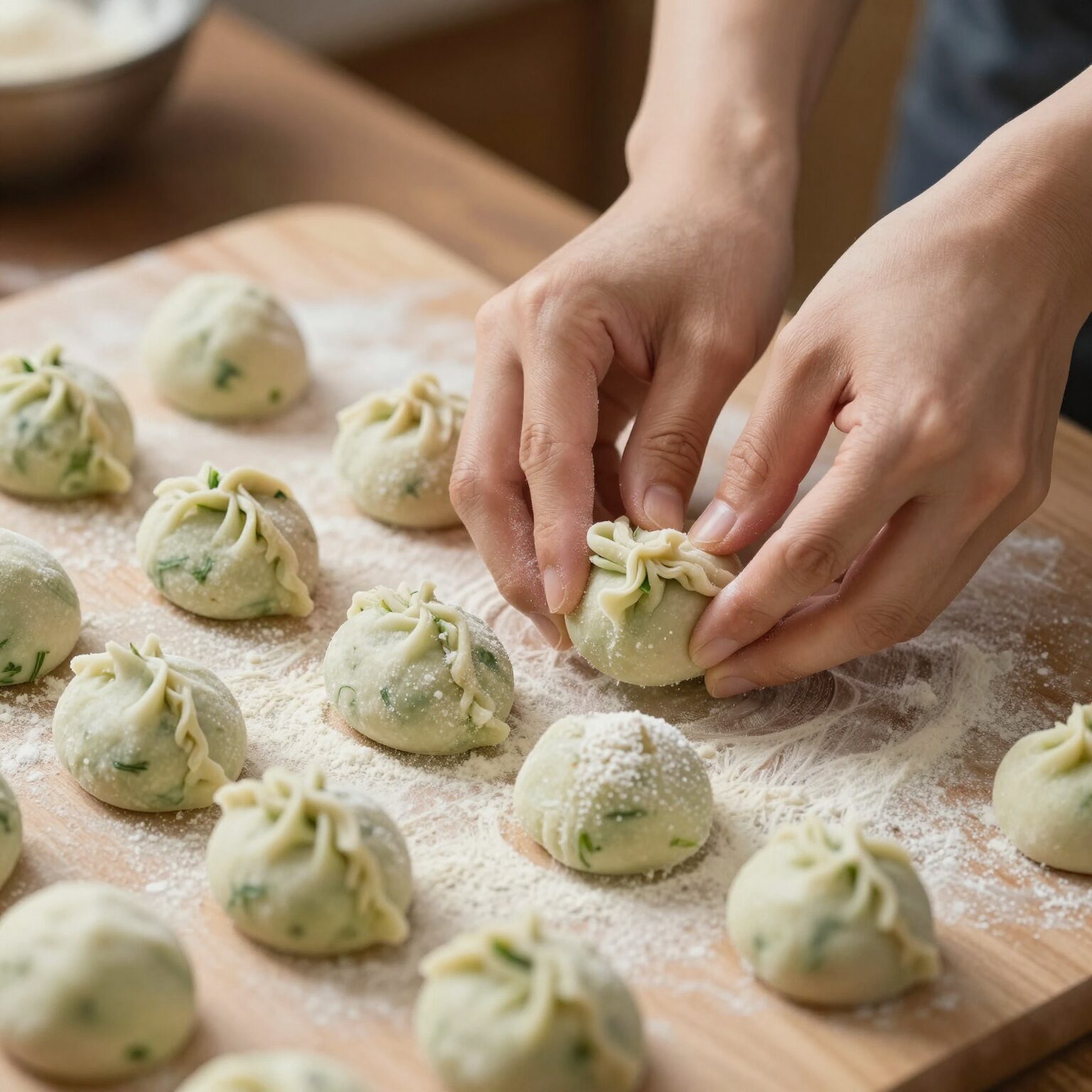 쑥개떡 반죽을 손으로 치대고 모양을 만드는 과정