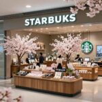 대만 타이베이 공항 스타벅스 매장 내부와 벚꽃 시즌 MD 진열 모습