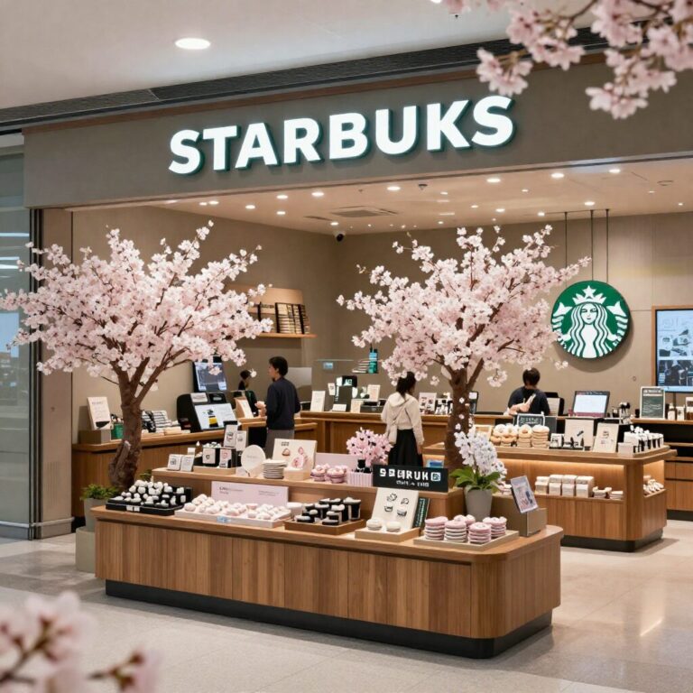 대만 타이베이 공항 스타벅스 매장 내부와 벚꽃 시즌 MD 진열 모습