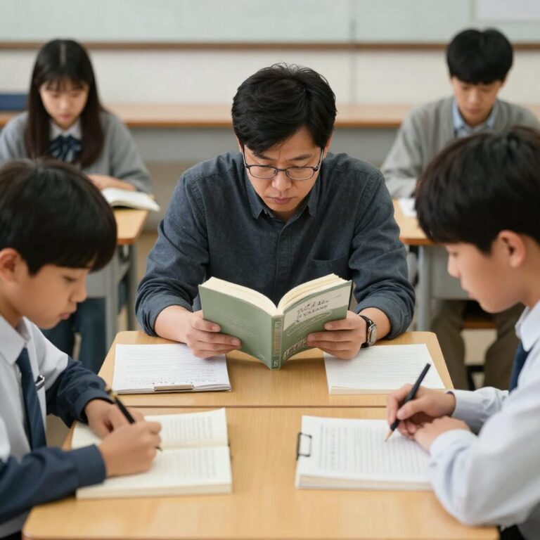 선생님과 학생이 책상을 마주보고 문제 풀이를 함께 분석하고 있는 모습