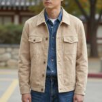 가을에 어울리는 여성 테일러드 자켓 코디와 선택법 베이지색 스웨이드 테일러드 자켓을 입고 데님과 매치한 가을 코디 사진