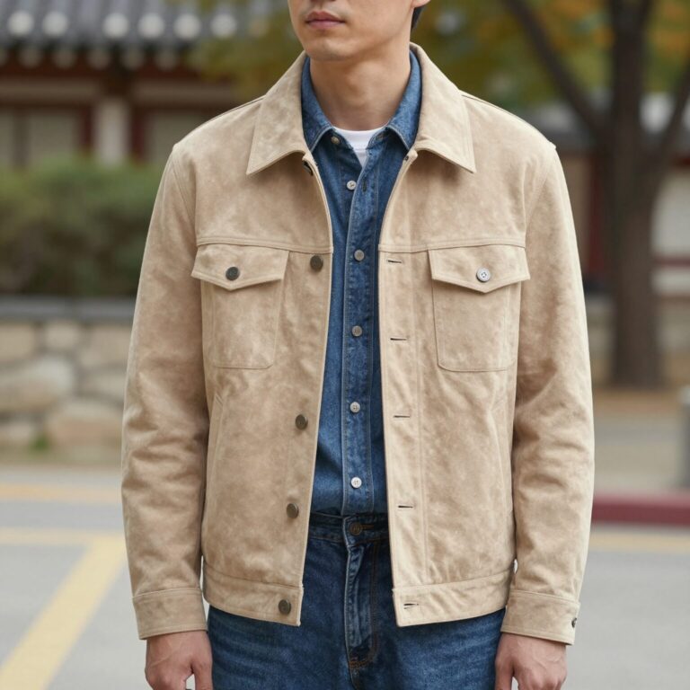 베이지색 스웨이드 테일러드 자켓을 입고 데님과 매치한 가을 코디 사진