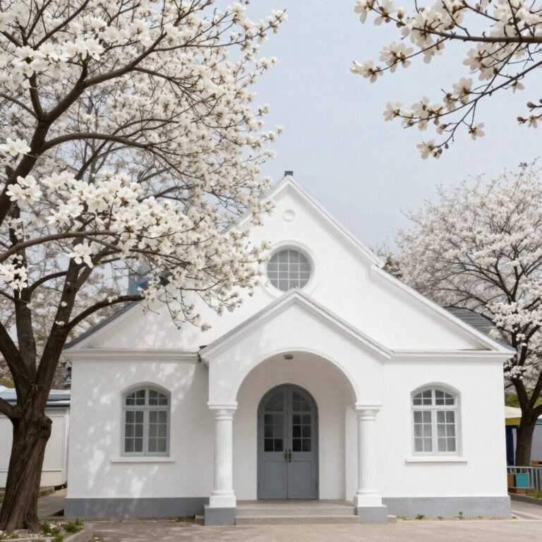 순천복음교회의 흰색 건물과 흐드러지게 핀 흰 매화꽃이 조화를 이루는 봄 풍경