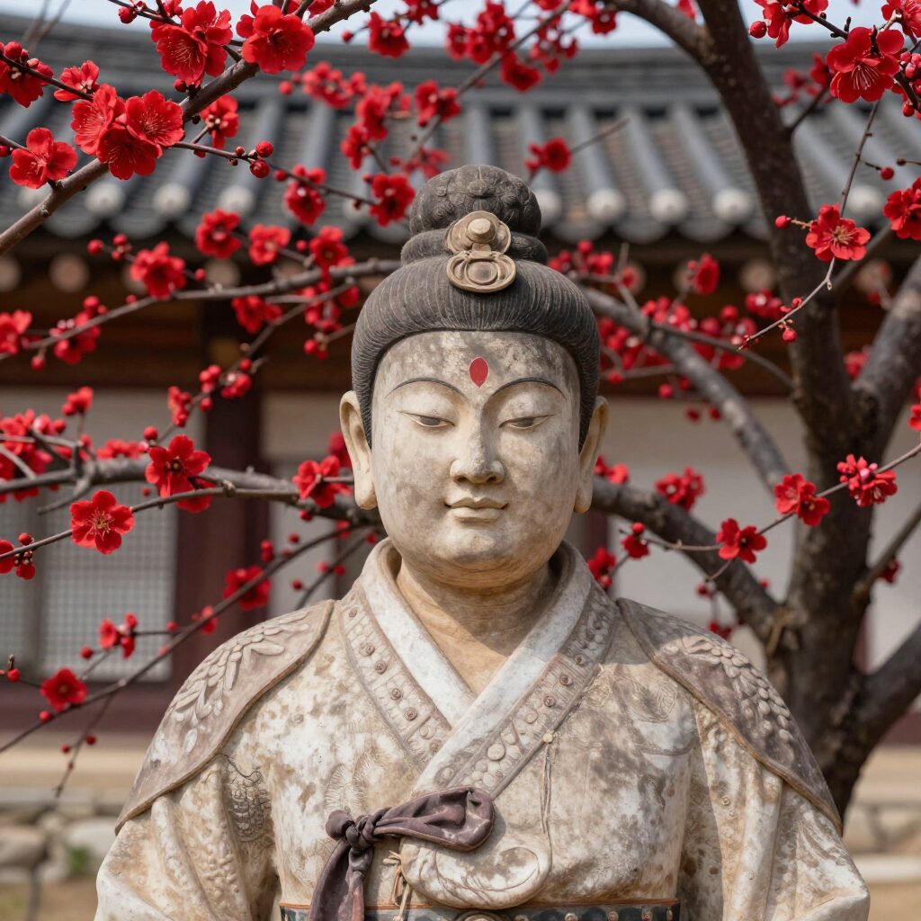 양산 통도사 영각 앞에 핀 붉은 매화나무