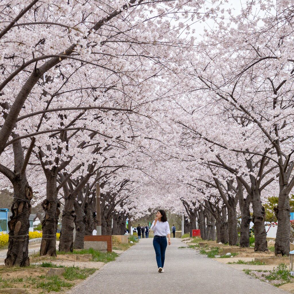 울산 MBC 문화동산의 벚꽃과 동백꽃이 함께 피어난 경관