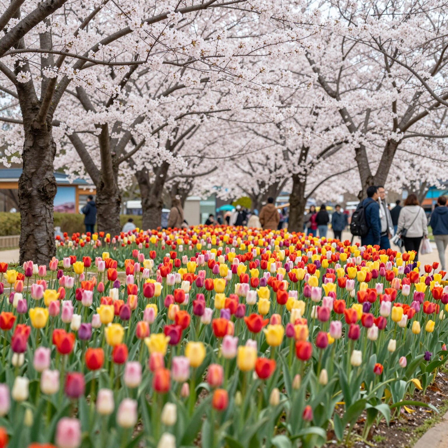 울산대공원 남문광장에 피어난 형형색색의 튤립 화단과 벚꽃 배경